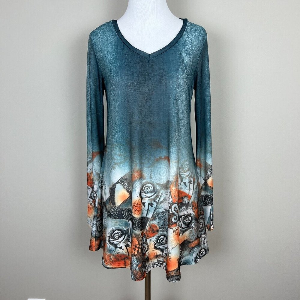 Miusey Tunic Top Womens‎ Small Green Long Sleeve Sheer Floral Graphic V-Neck